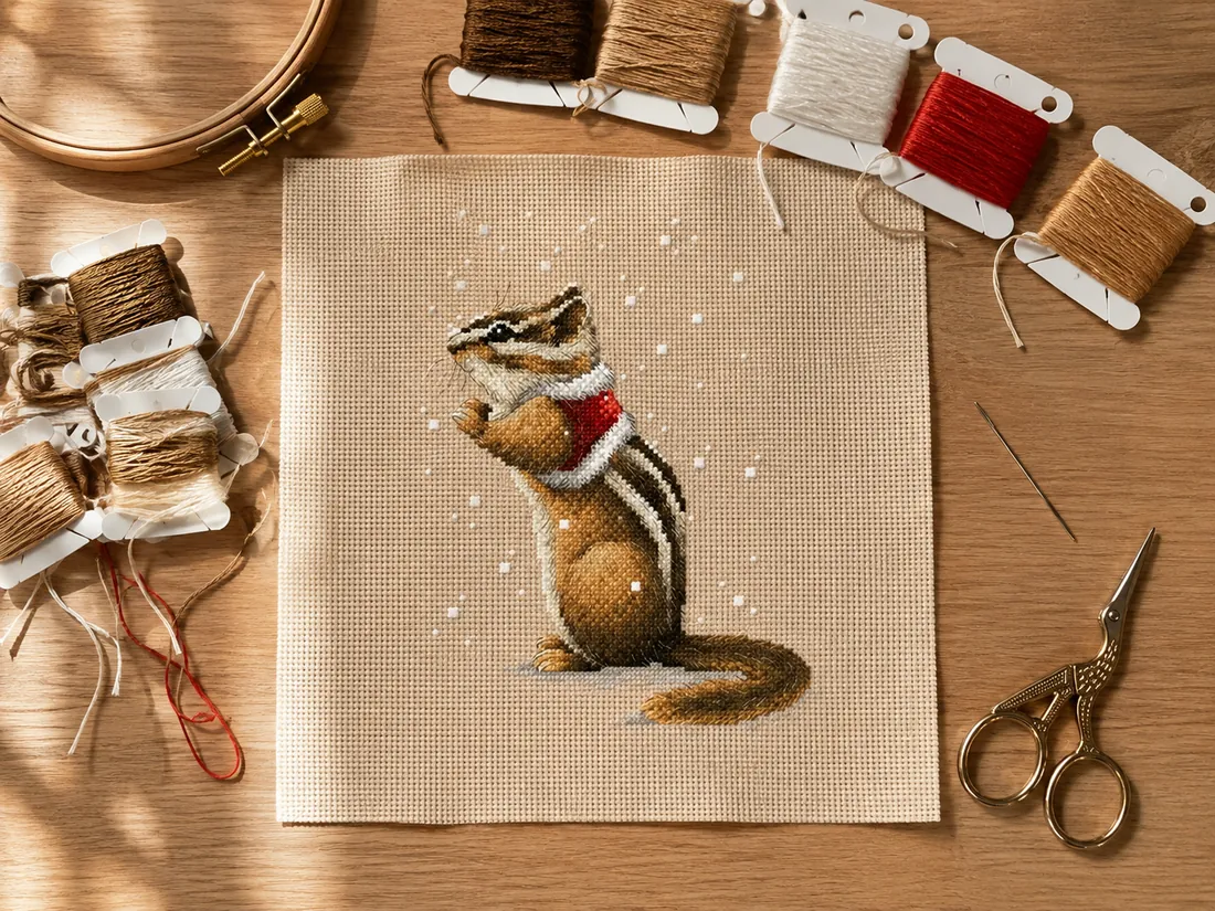 Top-down view of the finished Chipmunk design CC-K6-03 lying flat on light oak, surrounded by threads matching the design, a blunt tapestry needle, small scissors and a partly visible wooden hoop