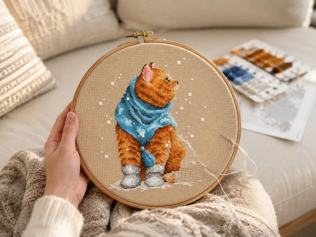 The finished Winter Cat design CC-K6-05 in a round hoop held up in front of a light linen sofa, the ginger cat in its blue scarf and gray boots on flaxen Aida, loose thread ends still hanging from the fabric