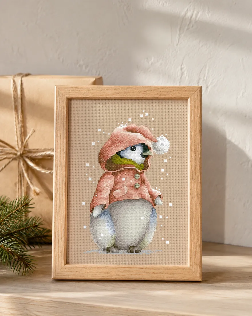 The finished Penguin design CC-K6-09 framed in light wood on a shelf beside a kraft paper gift and a small fir sprig, the baby penguin in its pink hooded coat with a white pompom