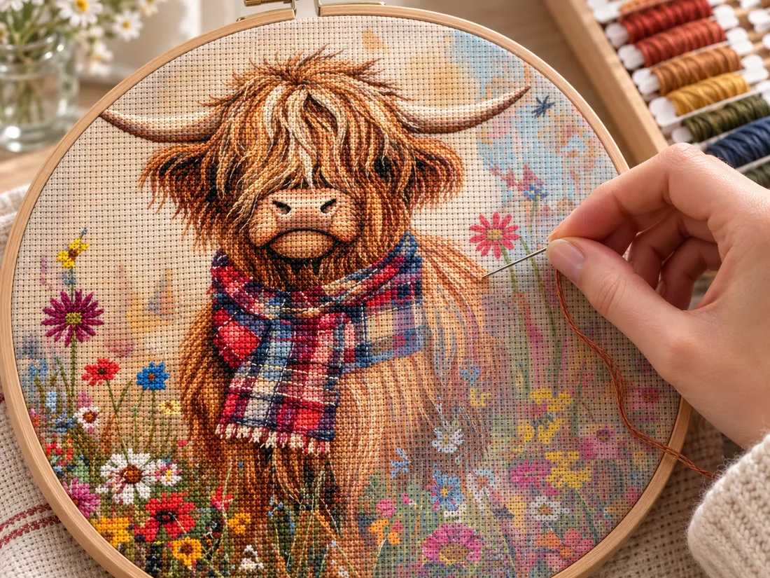 A hand stitching the stamped Highland Cow design CC-K3-01 in a hoop, one area already covered with real cross stitches and the rest still showing the printed color guide underneath