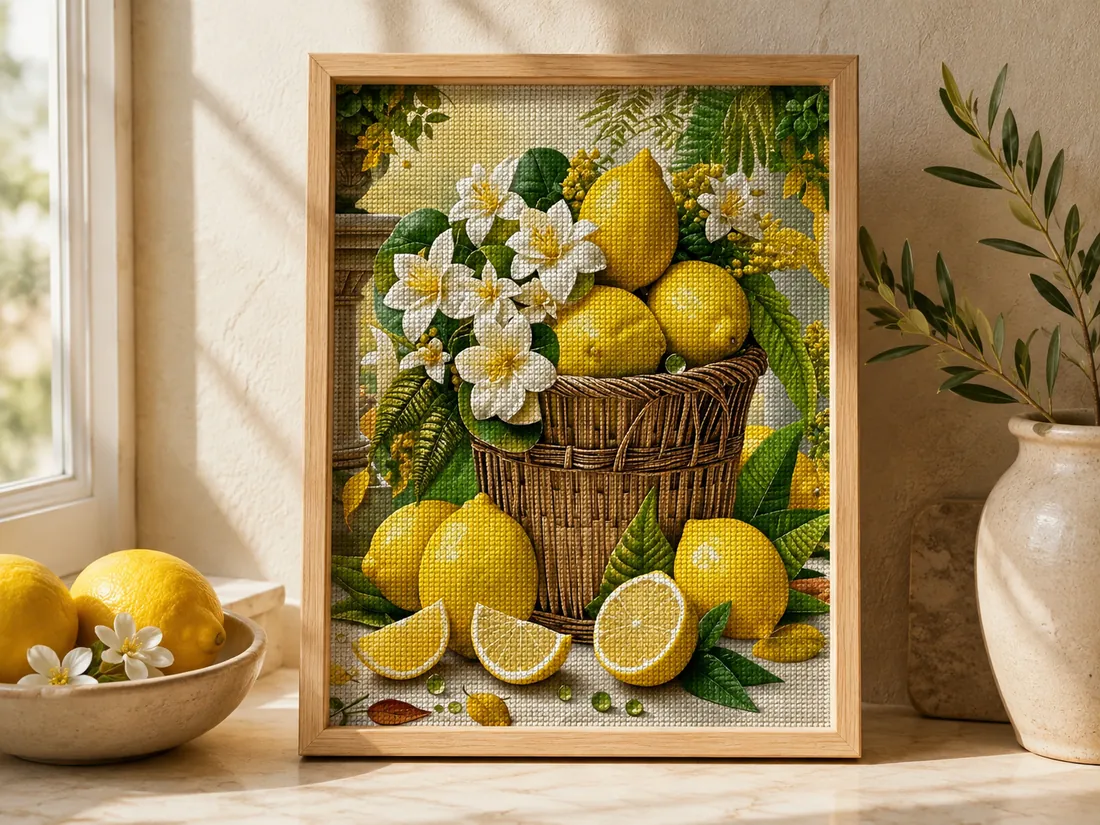 The finished Lemons and Jasmine design CC-K4-01 framed in light wood against a cream kitchen wall, beside a small bowl holding two fresh lemons and a few white flowers