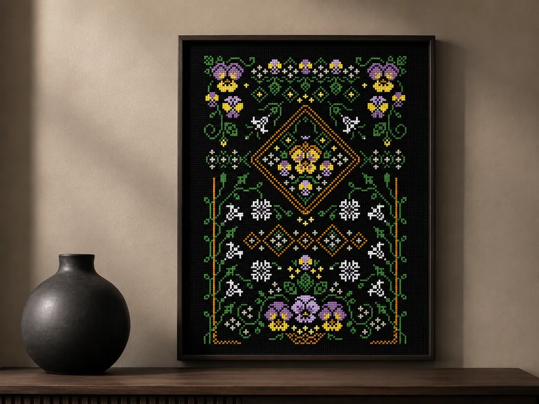 The finished Pansy sampler CC-K8-01 framed on a pale taupe wall above a minimal console with a dark ceramic vase, the purple and yellow pansies and orange diamond medallion standing out against the black Aida
