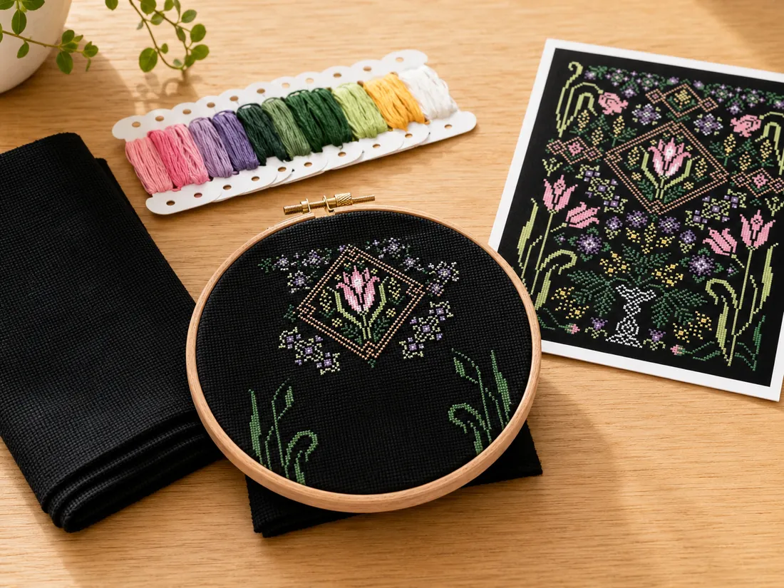 A freshly opened kit on a light wooden table: neatly folded black Aida, organized pink, violet and green threads, the printed chart alongside and the Tulip design CC-K8-03 just started in a hoop