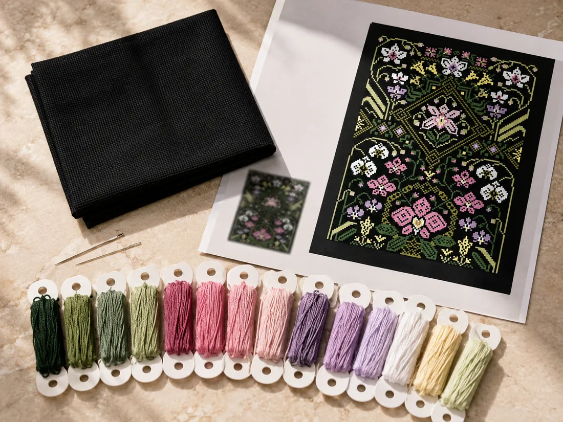 Flat lay of the complete Orchid kit CC-K8-04 on pale stone: black Aida, threads sorted by green, pink and lilac tones, two needles and the color chart