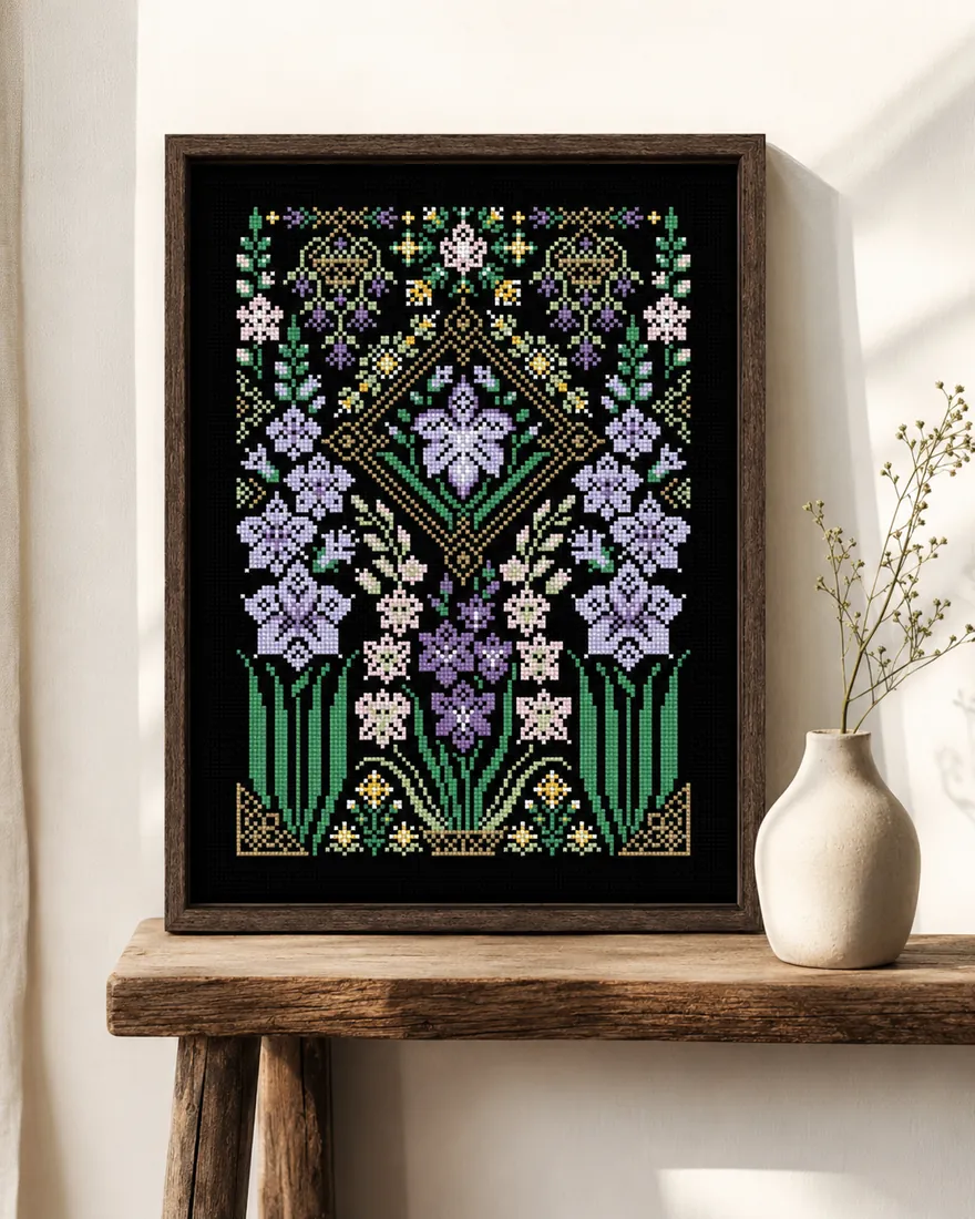 The finished Gladioli sampler CC-K8-06 framed as wall art above a wooden bench, lilac and pale pink gladioli with golden bees glowing against the black Aida