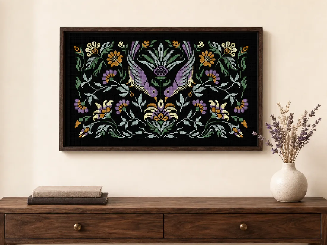 Gallery-style shot of the finished Amethyst Bird panel CC-K9-02 framed square to the camera on a cream wall above a walnut console, with dried mauve flowers in a small vase alongside