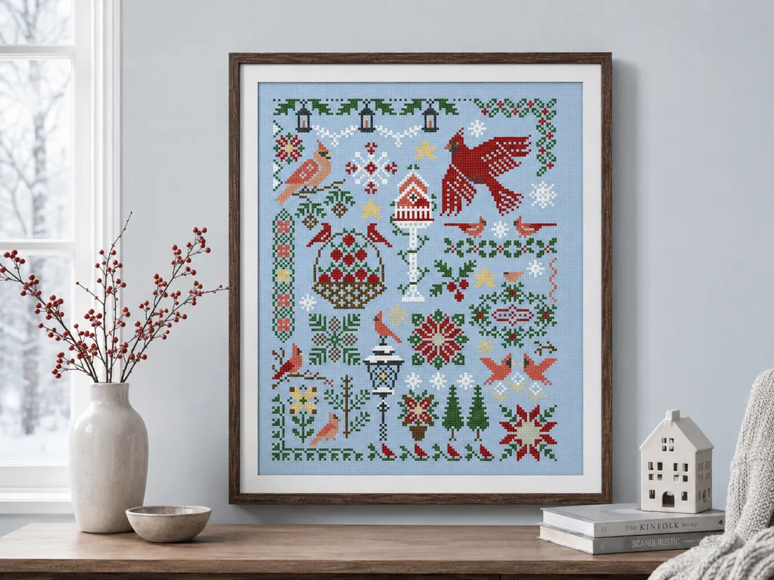 The finished Bird Geometry sampler CC-K10-01 framed on a pale blue-gray wall in a contemporary winter interior, red cardinals, a birdhouse and firs banded across sky-blue Aida