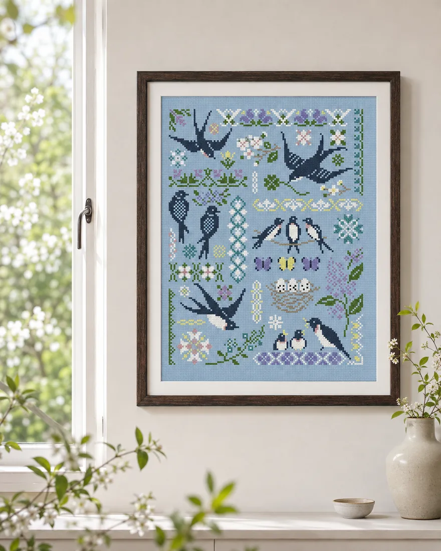 The finished Swallows in Spring sampler CC-K10-03 framed against an off-white wall beside an open spring window, navy swallows and a nest of four eggs on sky-blue Aida