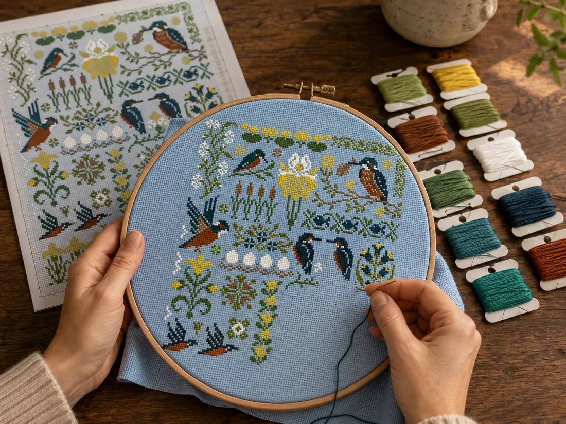 The Bird in the Forest design CC-K10-04 in progress on a wooden table, sky-blue Aida in a hoop with the printed chart alongside and organized thread cards, showing how chart and fabric work together
