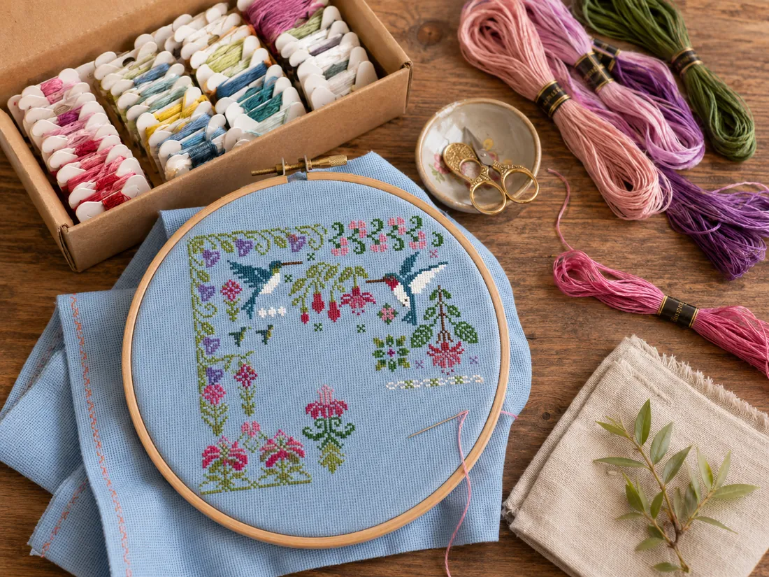 A freshly opened kit photographed from above: sky-blue Aida, brightly colored quality threads and the Hummingbird Geometry design CC-K10-05 in progress with pink fuchsias and a blue-green hummingbird already stitched