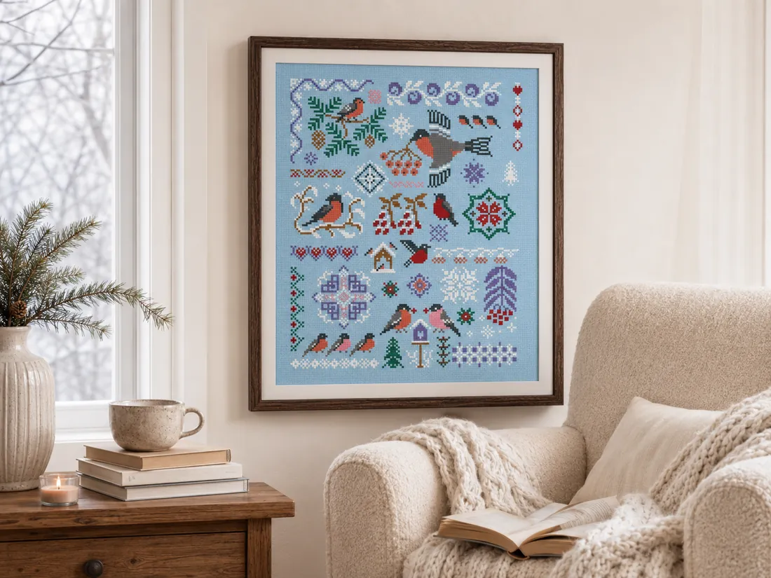 The framed Bullfinches sampler CC-K10-06 hanging in a bright winter reading corner with a cream armchair and a wool throw, red-breasted bullfinches on rowan branches over sky-blue fabric