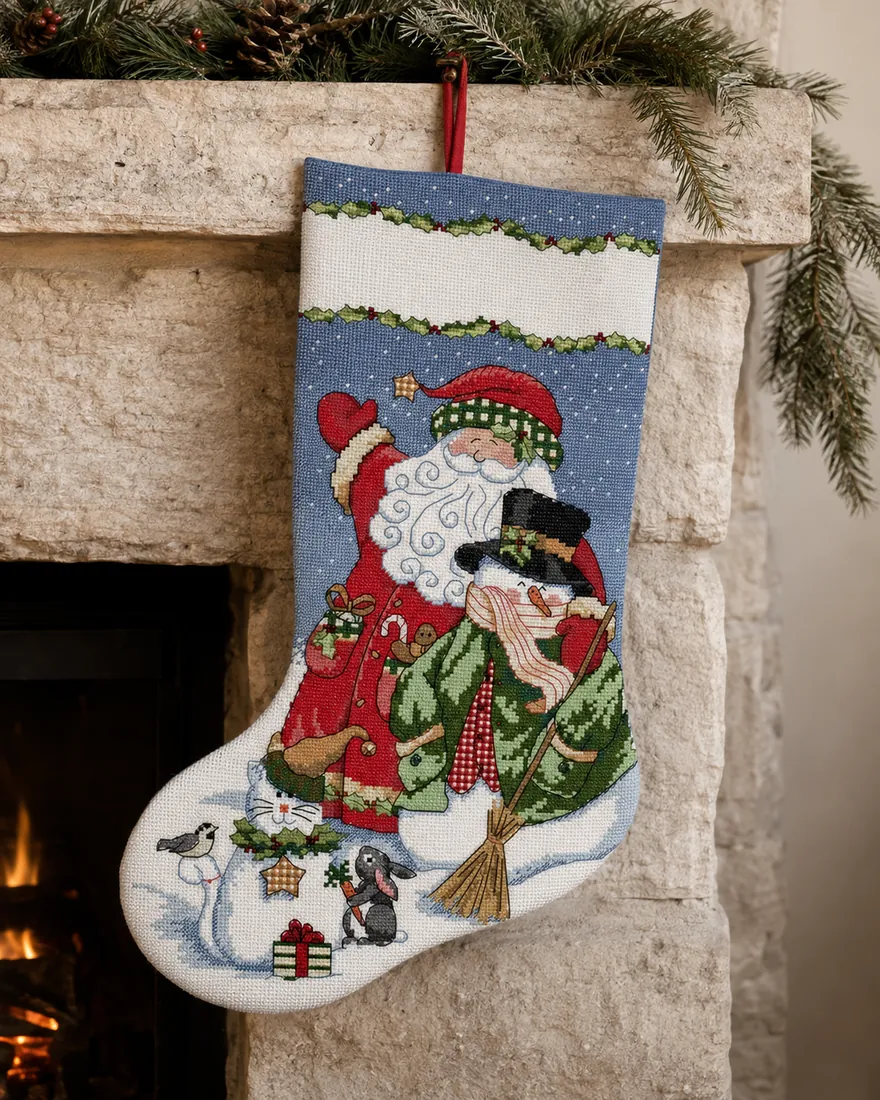 The finished Santa and Snowman stocking CC-K13-01 hanging on a pale stone fireplace with a discreet fir garland, the blank name band left unstitched at the top