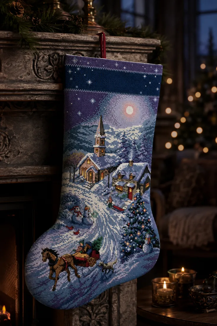 The finished Silent Night Village stocking CC-K13-02 hanging near a fireplace at dusk, the moonlit village, church steeple and horse-drawn sleigh in blue and violet tones