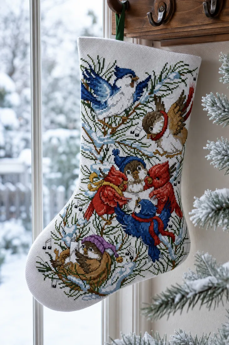 The finished Bird Choir stocking CC-K13-04 hanging by a window onto a blurred winter garden, blue jays, cardinals and capped sparrows singing among snow-covered fir branches