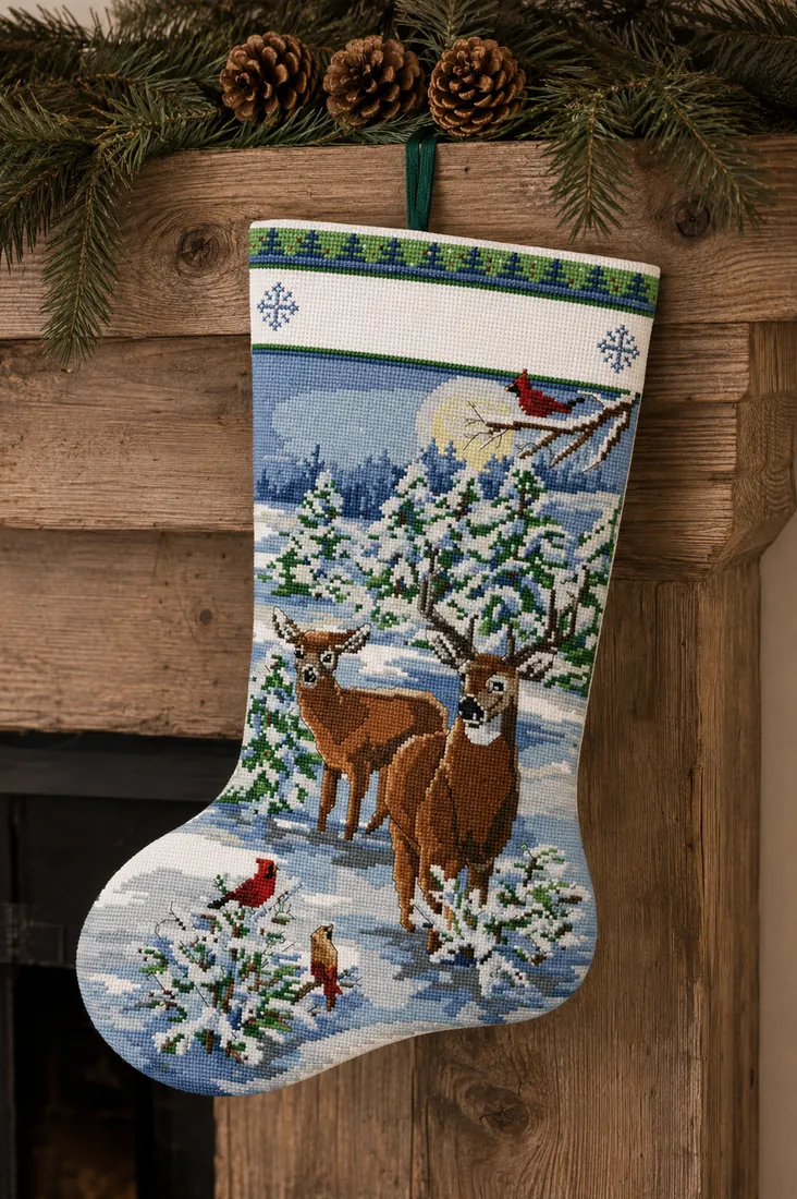 The finished Winter Deer stocking CC-K13-05 hanging on a natural wood mantel with one fir sprig and three pine cones, two deer in a snowy clearing with a red cardinal above