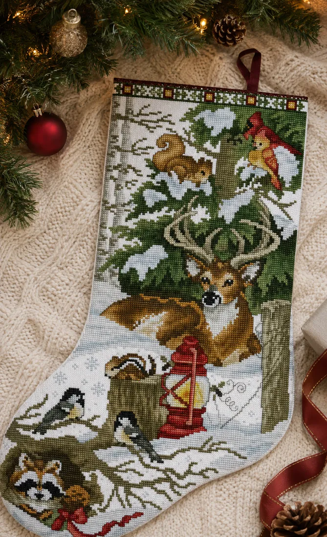 The finished Forest Friends stocking CC-K13-06 laid flat on a cream wool throw and photographed from above, the deer, squirrel, raccoon and chickadees around a red lantern clearly visible