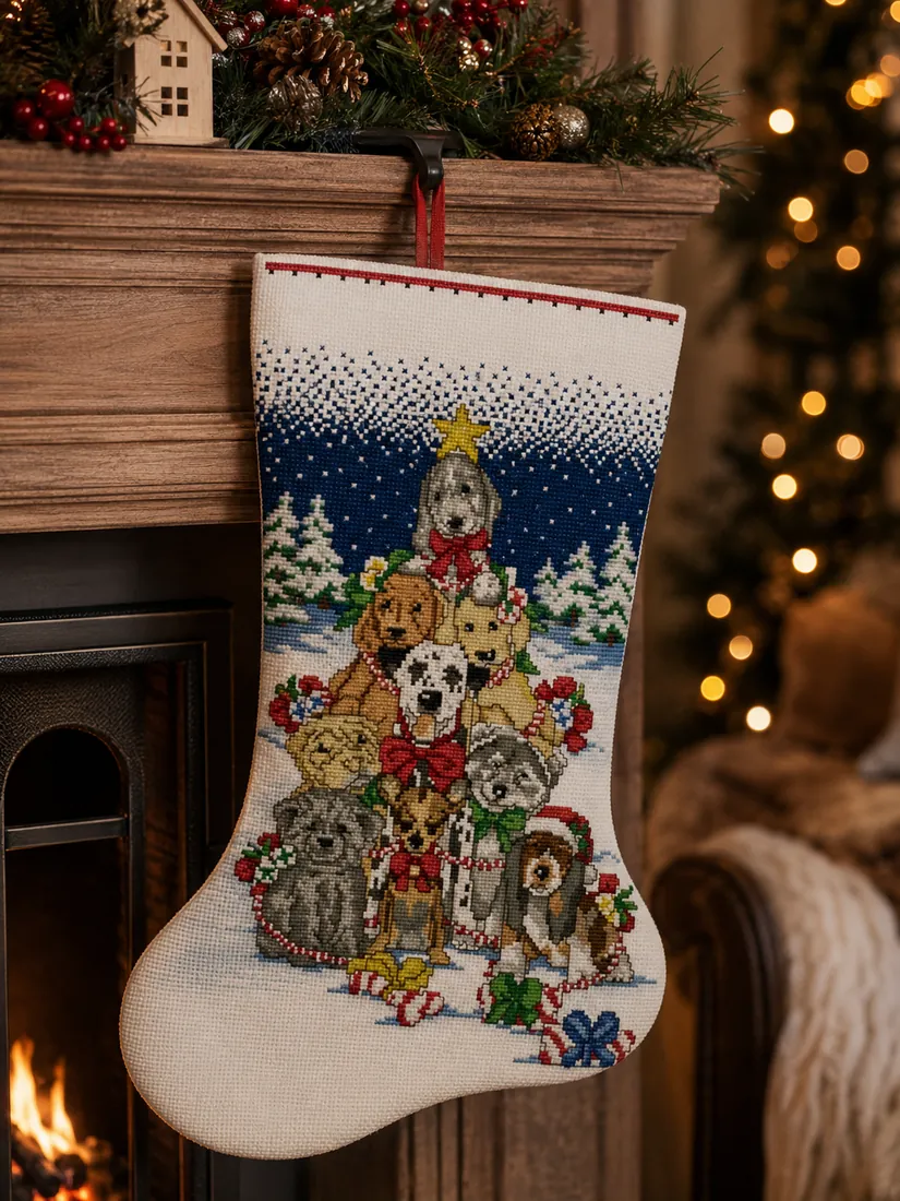 The personalizable Puppy Tree stocking CC-K13-07 on an elegant family mantel, puppies stacked into a Christmas tree shape below a name band left completely blank