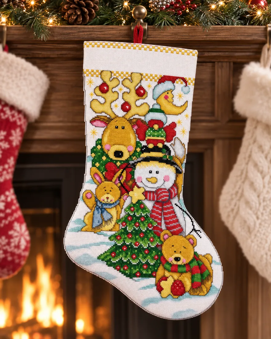 The personalizable Around the Tree stocking CC-K13-09 hanging between two blurred plain stockings on a large mantel, the snowman, decorated tree and reindeer sharp below an empty name band