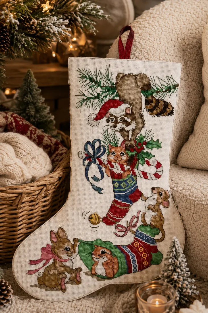 The finished Cozy Critters stocking CC-K13-10 in a very cozy corner with a boucle wool armchair, a basket of throws and a small natural fir, the raccoon, squirrel and mice clearly readable