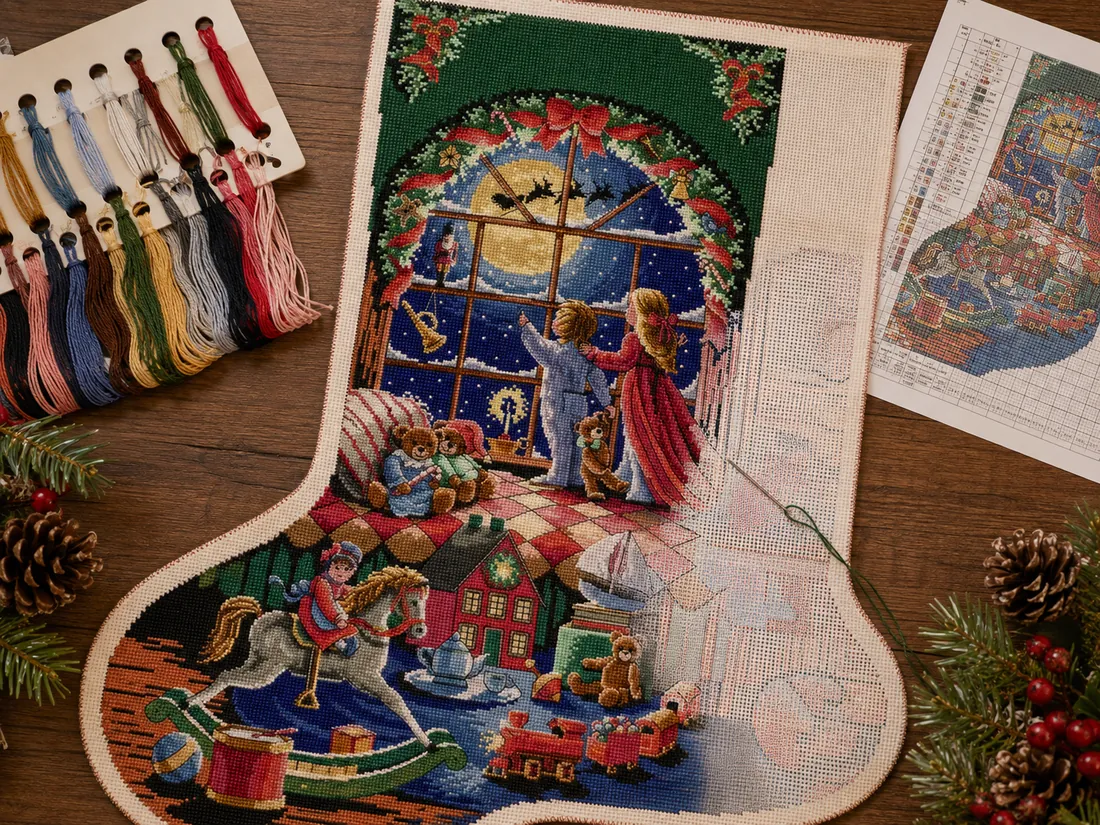 The Children's Paradise stocking CC-K13-13 shown mid-project as an HD printed kit, part of the large printed stocking fabric already covered in real cross stitches with the rest still showing the printed guide, beside a thread card, a needle and the chart