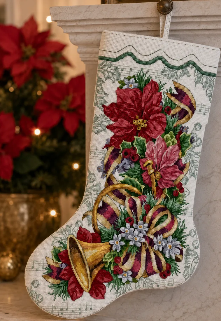 The finished Poinsettia Melody stocking CC-K13-15 against a pale marble fireplace with real red poinsettias blurred in a vase behind, the stitched poinsettias, ribbons and bells staying the focus