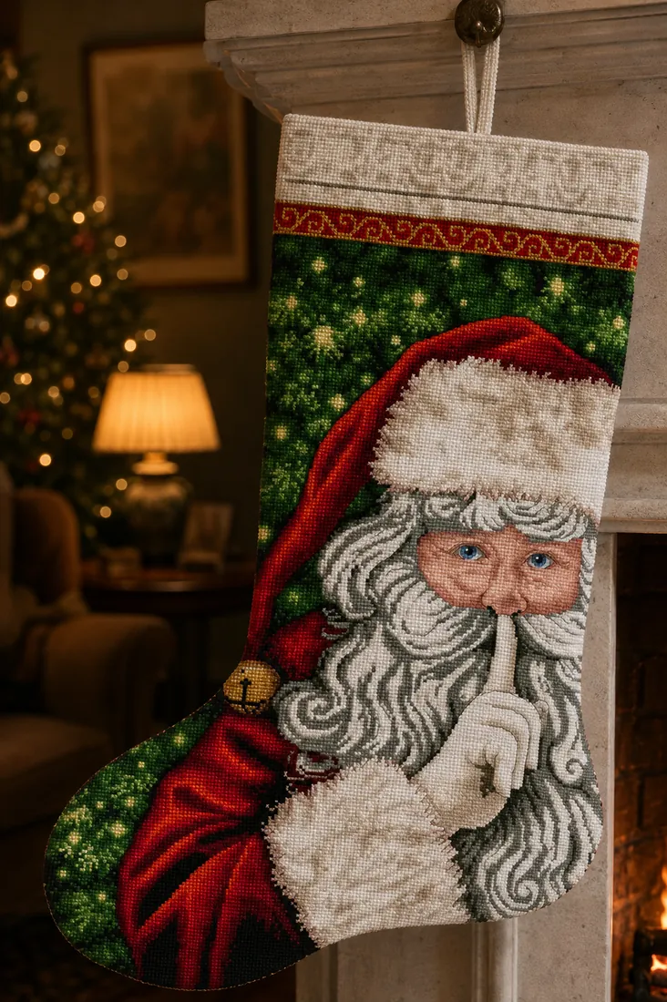 The finished Hush Santa stocking CC-K13-18 hanging on a fireplace in a quiet night living room, the large stitched Santa portrait with a finger to his lips lit by a table lamp