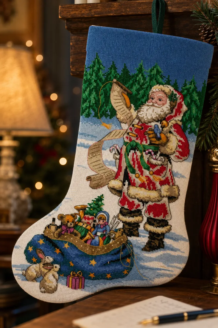 The finished Santa's List stocking CC-K13-19 above a small table holding a fountain pen and a blank sheet of paper, Santa unrolling his long scroll beside his starry blue toy sack