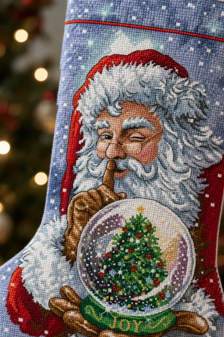 Three-quarter macro of the finished Joy Snow Globe stocking CC-K13-20 showing the individual crosses and fine backstitch outlines, the winking Santa holding the globe with a Christmas tree inside