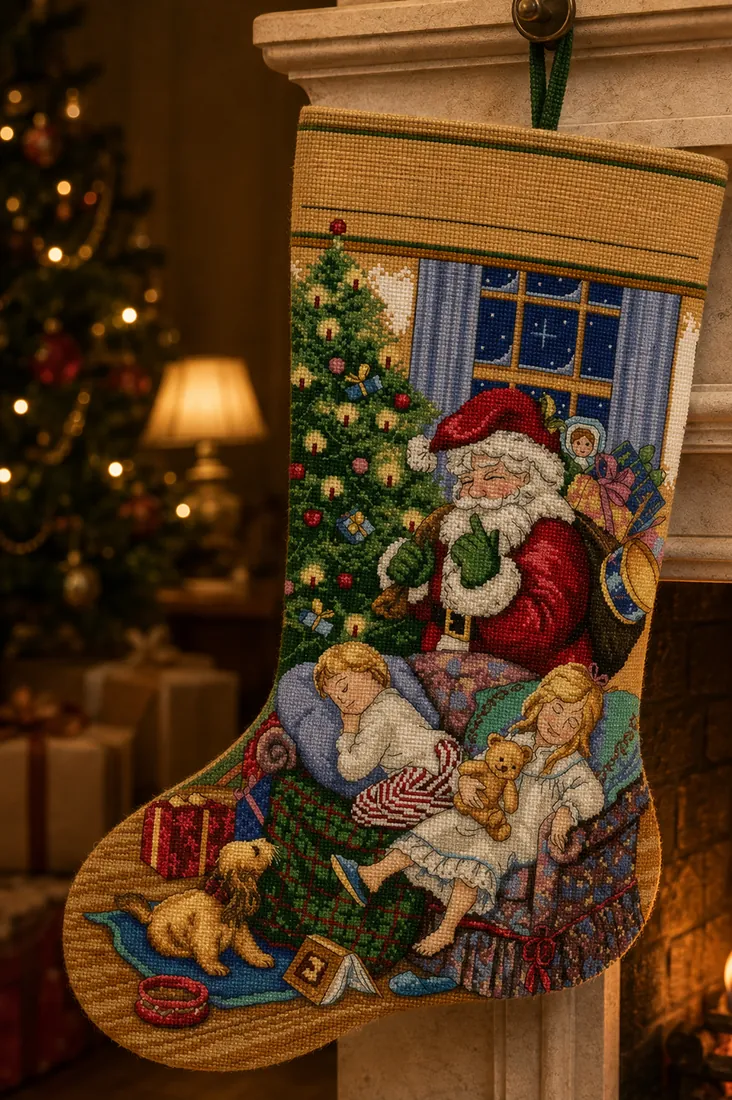 The finished While They Sleep stocking CC-K13-21 hanging in a peaceful living room late at night, warm lamplight and closed kraft paper gifts under the tree behind
