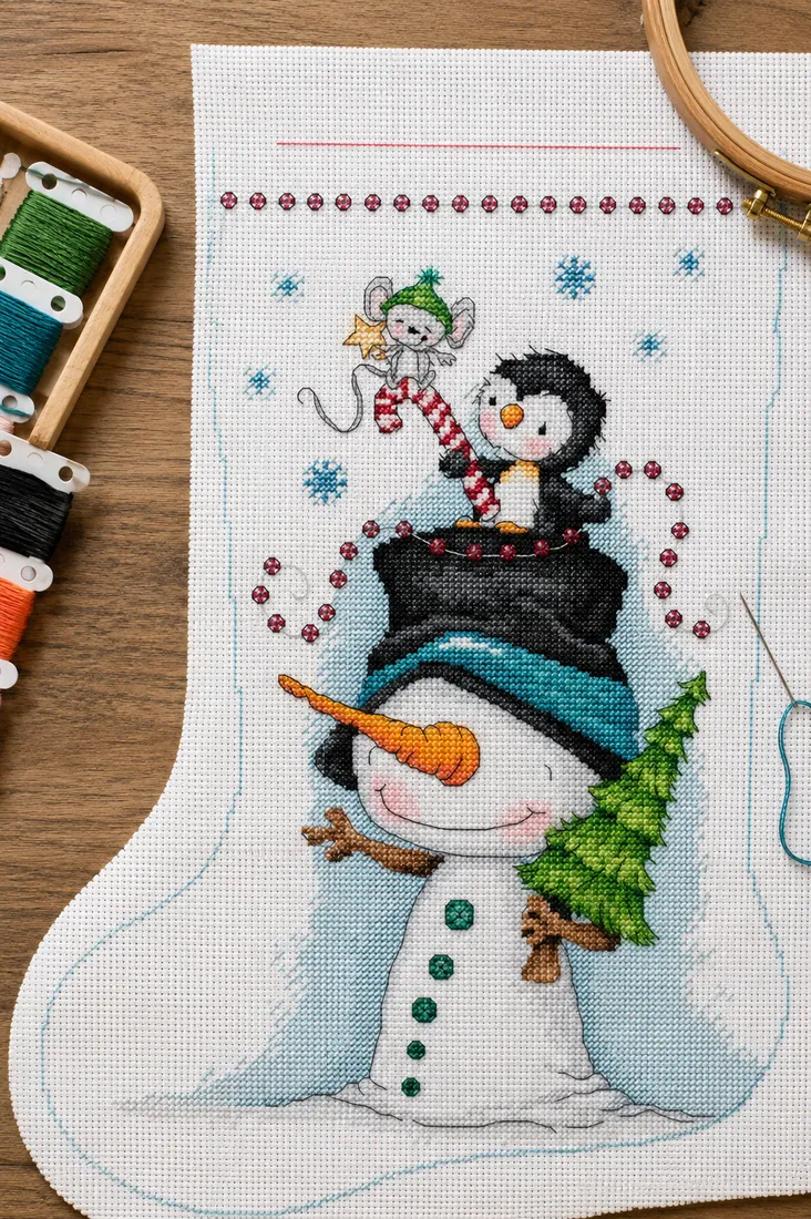 The Jolly Snowman stocking CC-K13-22 stretched in a working frame with the snowman nearly finished and areas of fabric still bare, showing how much more open this design is