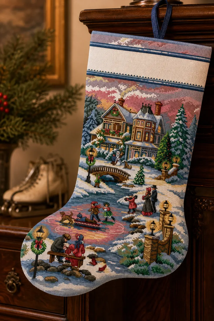 The personalizable Victorian Skaters stocking CC-K13-24 in a warm beige setting with a mahogany console and blurred vintage ice skates behind, the snowy Victorian village below an empty name band