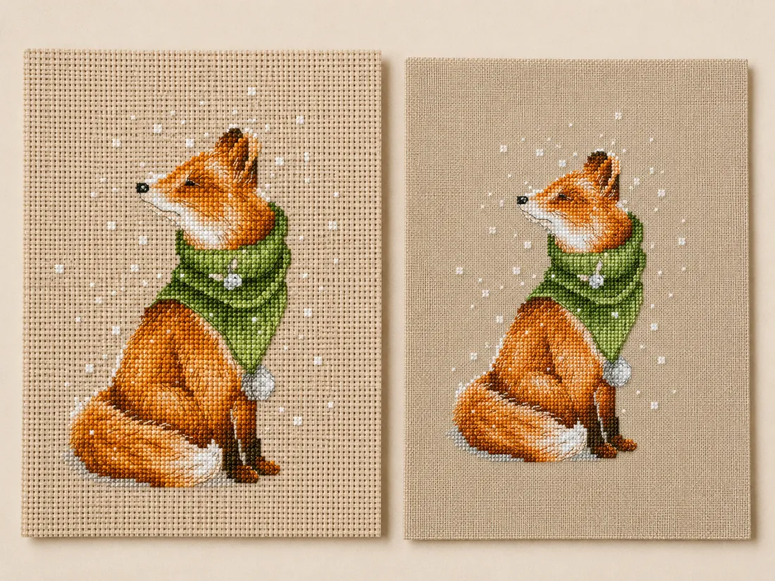 The same Winter Fox design CC-K6-04 stitched twice side by side: on the left a coarser fabric count where the holes read clearly and the design is physically larger, on the right a finer count where the same design is denser and more compact