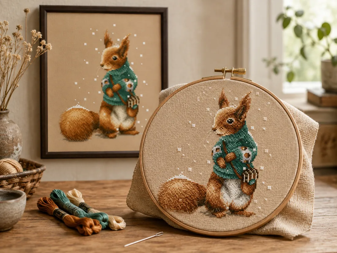 Three stages of the same Squirrel project CC-K6-07 in one shot: loose threads and a needle in the foreground, the squirrel nearly finished in its hoop in the middle, and a second finished version framed on the wall behind