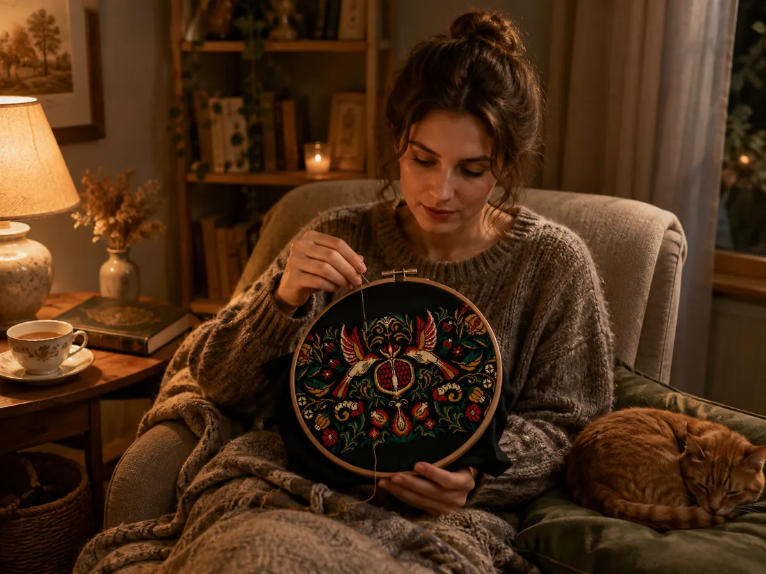 An adult stitching the Pomegranate Bird design CC-K9-03 on black fabric during a quiet evening, with a cup of tea, a small lamp and a cat asleep on the next cushion
