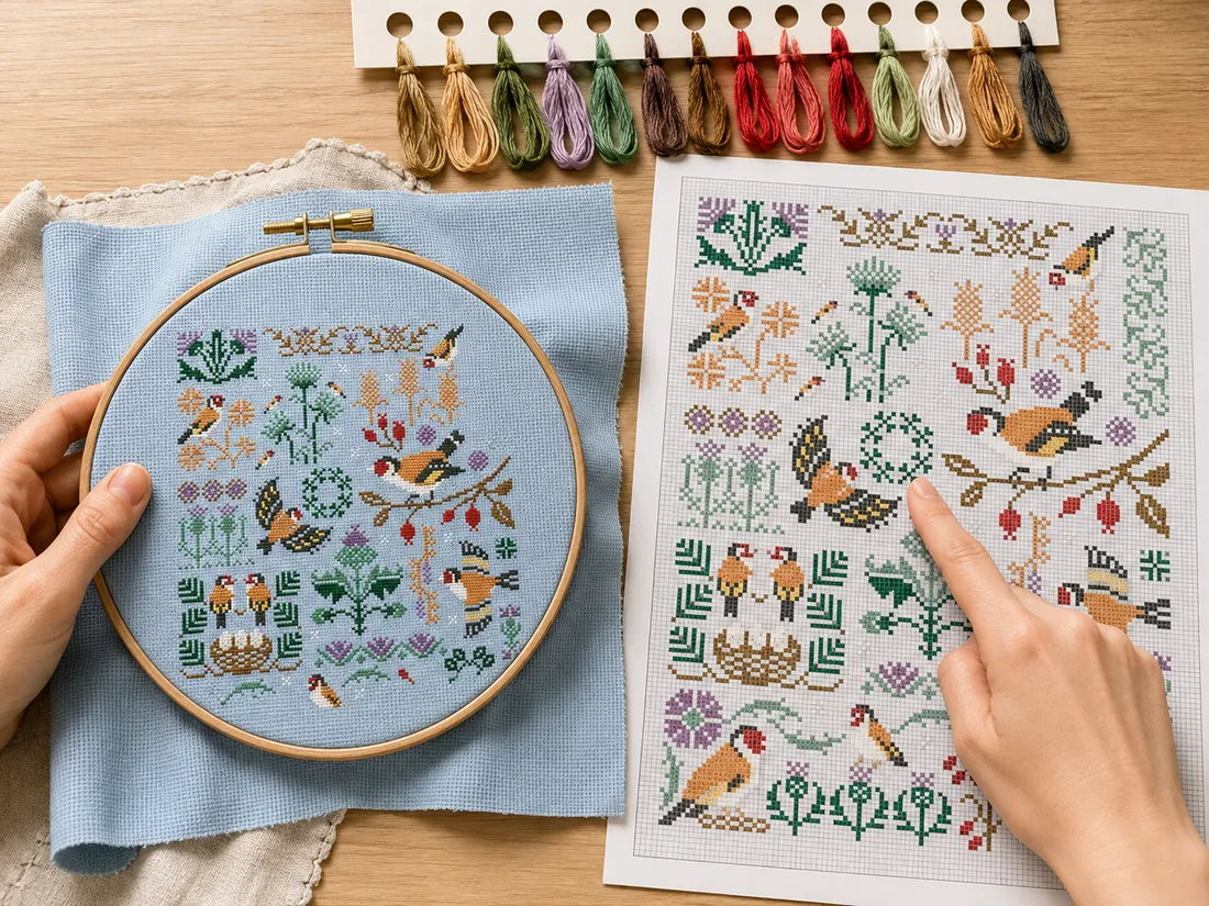 Top-down view of a counted project: the partly stitched Bird's Home design CC-K10-02 on sky-blue Aida on the left, the color chart on the right and a thread card above, with one finger pointing to a square on the chart