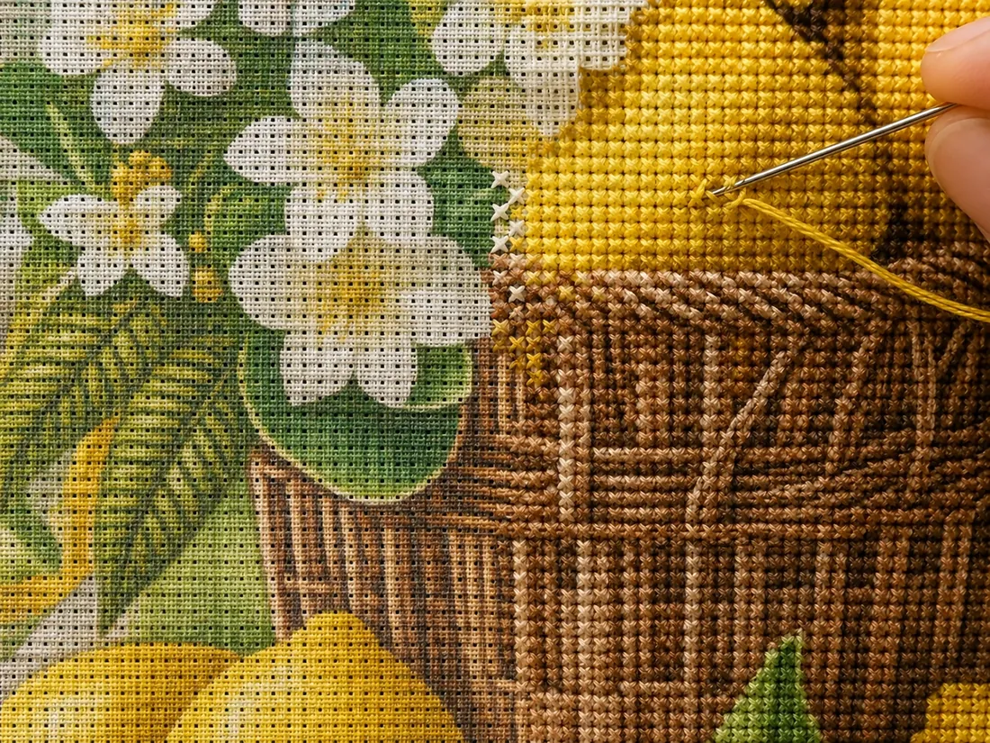 Very close macro of the stamped Lemons and Jasmine fabric CC-K4-01 showing three states in one area: the printed color guide not yet stitched, the boundary where the stitches begin, and a zone fully covered in cross stitches