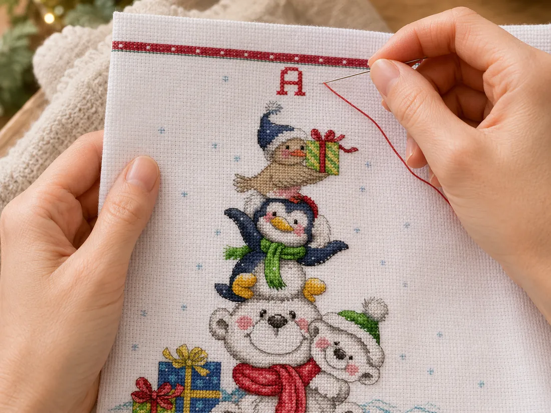 Close-up of the name band on the Polar Pals stocking CC-K13-14 with a hand stitching a single capital letter in cross stitch, the polar bear and penguins visible below