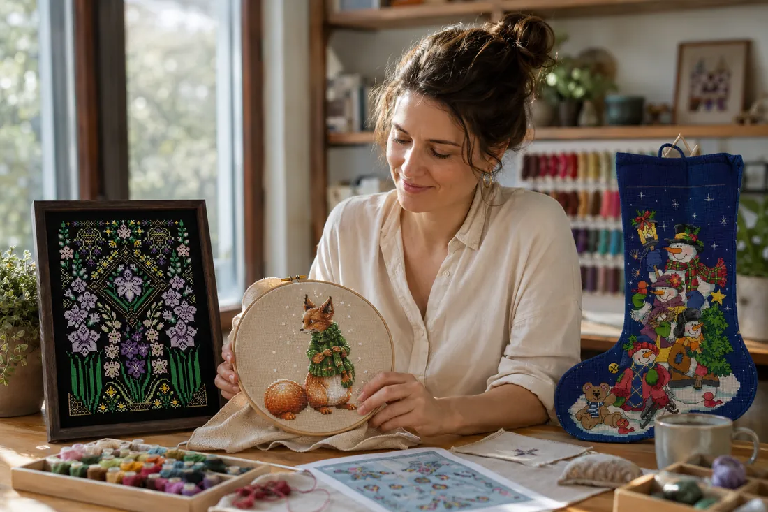 A stitcher at a large wooden table in a bright craft workspace with three CozyCross projects around her: the Winter Fox CC-K6-04 in a hoop, a finished black-fabric floral sampler framed beside her and a Christmas stocking laid out on the right