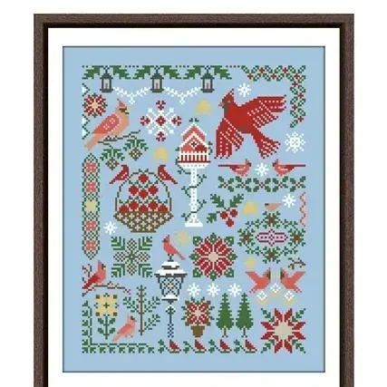 Bird Geometry cross stitch design CC-K10-01: a winter sampler with red cardinals, a birdhouse, an apple basket, firs and snowflakes on sky-blue fabric