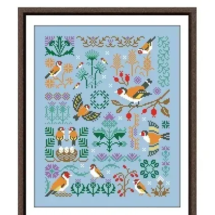 Bird's Home cross stitch design CC-K10-02: goldfinches around a nest with eggs, red berries and purple thistles on sky-blue fabric
