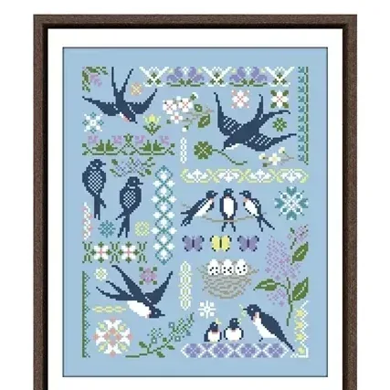 Swallows in Spring cross stitch design CC-K10-03: navy swallows, a nest with four eggs, butterflies and lilac borders on sky-blue fabric