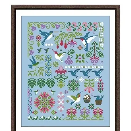 Hummingbird Geometry cross stitch design CC-K10-05: blue-green hummingbirds with pink fuchsias, foliage and a rosette on sky-blue fabric