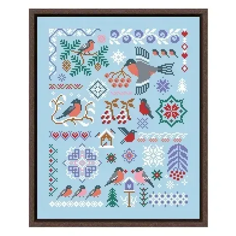 Bullfinches cross stitch design CC-K10-06: red-breasted bullfinches on rowan branches with lilac snowflakes and a fir on sky-blue fabric