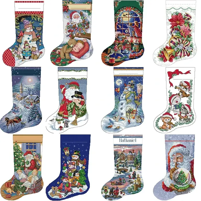 Twelve Christmas stocking cross stitch designs shown together: Santa scenes, snowmen, winter villages, carolling animals and a nativity, each on a stocking-shaped panel