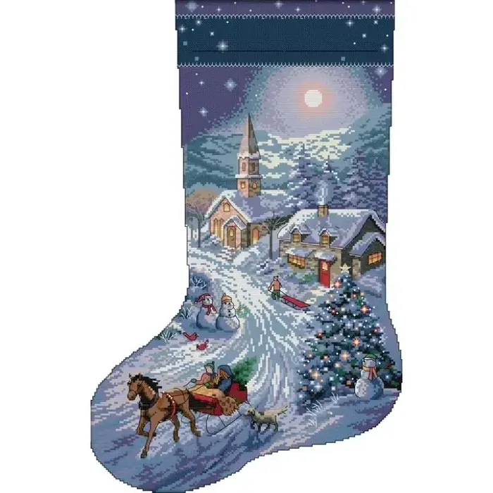 Christmas stocking cross stitch design CC-K13-02: a moonlit village with a church, a horse-drawn sleigh and a lit tree in blue and violet tones