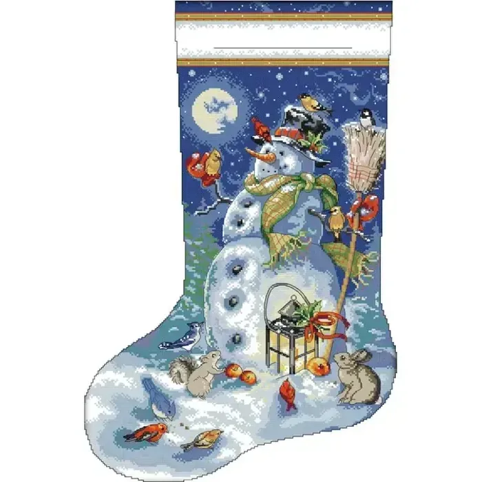 Christmas stocking cross stitch design CC-K13-03: a snowman holding a lantern and broom with a cardinal, a blue jay, a squirrel and a rabbit in the snow