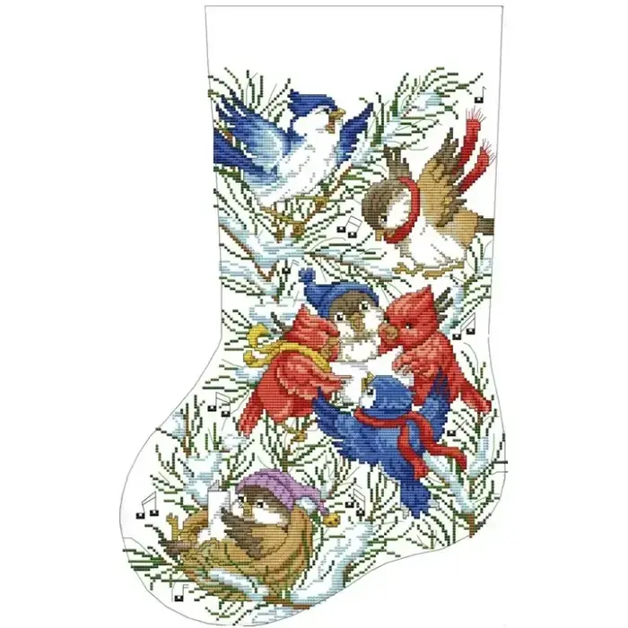 Christmas stocking cross stitch design CC-K13-04: winter birds in Santa caps singing together on a snow-covered fir, including a blue jay, a cardinal and capped sparrows