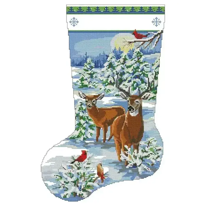 Christmas stocking cross stitch design CC-K13-05: two deer in a snowy clearing among firs with a red cardinal on a branch