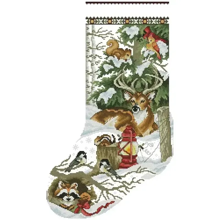 Christmas stocking cross stitch design CC-K13-06: a resting deer with a raccoon, a chipmunk, chickadees and a cardinal gathered around a red lantern beneath a fir