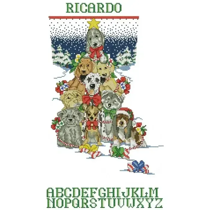 Personalizable Christmas stocking cross stitch design CC-K13-07: puppies stacked into a Christmas-tree shape, with a name band you stitch yourself using the included alphabet chart
